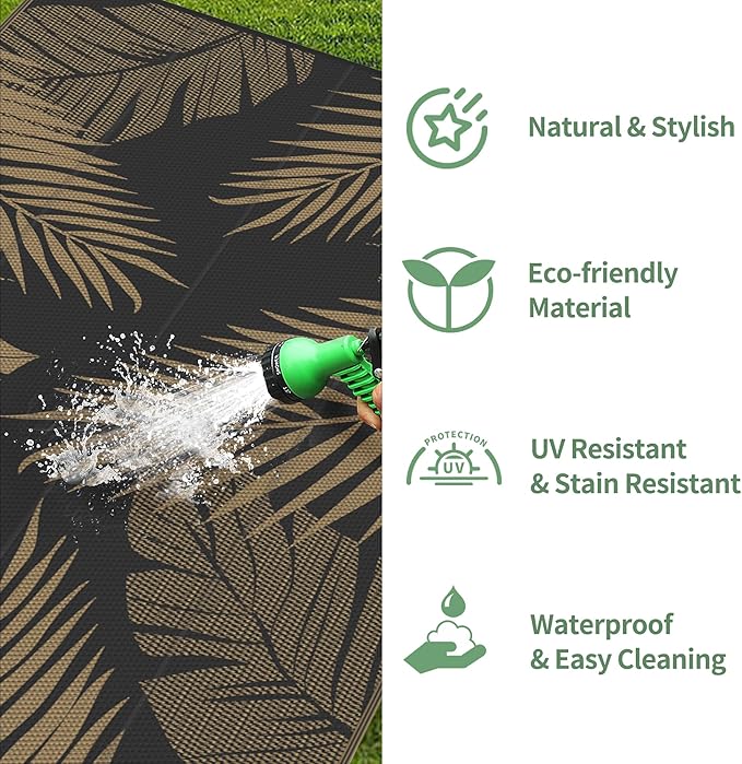 GENIMO Outdoor Rug 10' x 10' Waterproof for Patios Clearance, Reversible Outdoor Plastic Straw Camping Rug Carpet, Large Area Rugs Mats for RV, Camper, Deck, Balcony, Porch, Beach, Picnic, Black&Brown