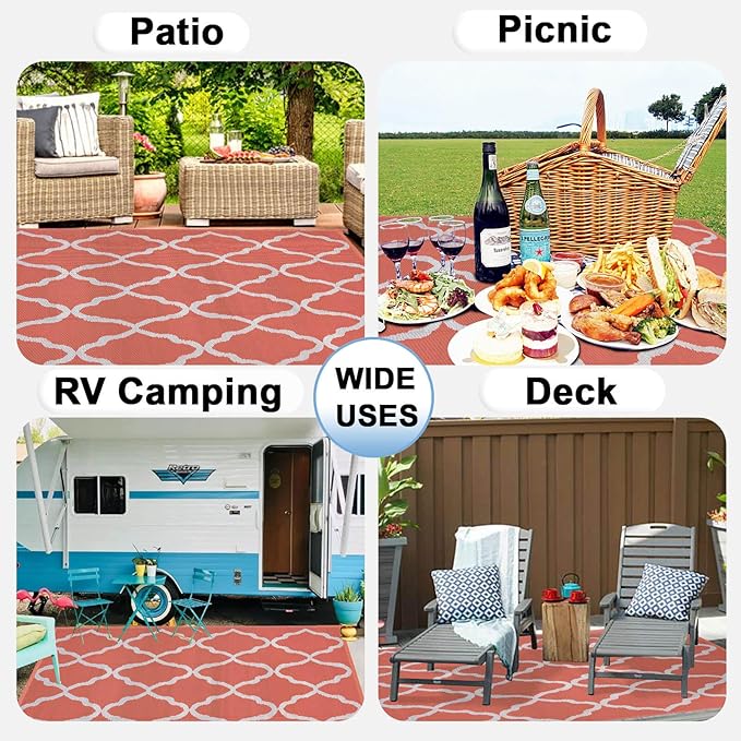 OutdoorLines Outdoor Plastic Area Rug for Patio 4x6 ft - Reversible Outside Carpet, Stain & UV Resistant RV Mats, Straw Rug for Camping, Deck Garden, Porch and Balcony, Moroccan/Orange & Light Grey
