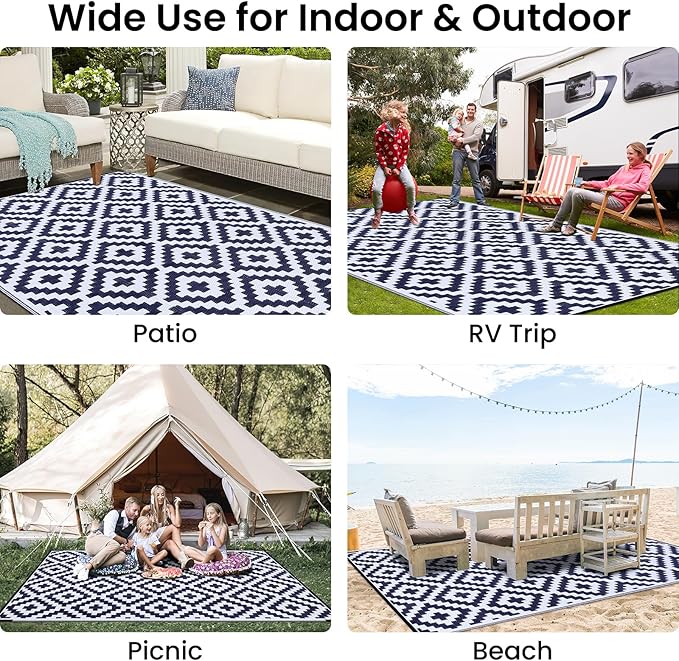 Smiry Waterproof Outdoor Rug 8x10 ft, Reversible Plastic Straw Patio Camping Rugs, Outdoor Indoor RV Mat Carpet for Patio, Outside Entry, Backyard, Deck, Bench, Picnic, Camper, White & Navy