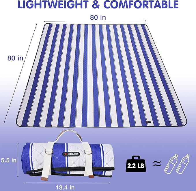 HX&OD Outdoor Picnic Blanket Extra Large, 80”x80” Waterproof Picnic Mat Foldable Camping Blanket Portable with Carry Strap for Beach Mat (Bright Blue&White)