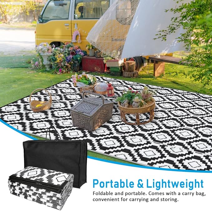 HIHEGD Outdoor Rug 9x12 for Patio Camping RV, Waterproof Reversible Mat, Plastic Straw Rug for Indoor Outdoor Patio Clearance, Porch, Deck, Backyard, Picnic (Black and White)