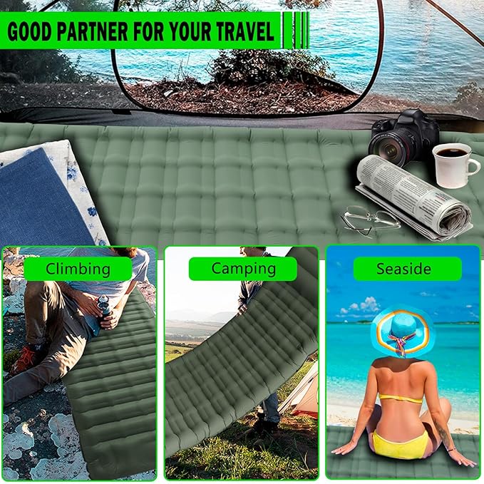 Green Self-Inflating Camping Sleeping Pad, 4.7' Thick, Single Air Mattress with Built-in Foot Pump, Waterproof, 72' x 20' x 4.7'