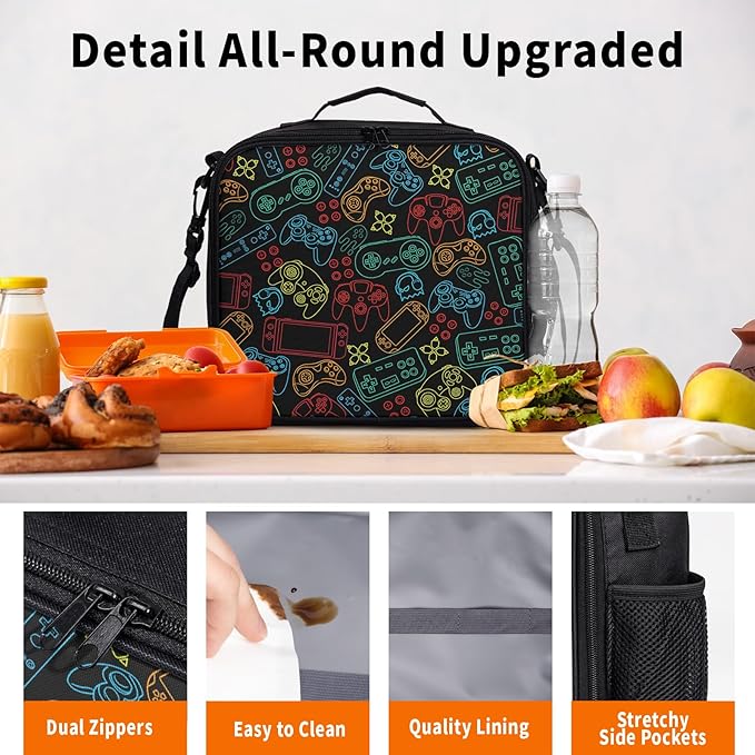 Gaming Black Lunch Bag Colorful Game Themed Lunch Boxes for Women/Man Office Work Travel School Work Picnic Durable Reusable Insulated Large Lunch Tote Bag with Adjustable Shoulder Strap