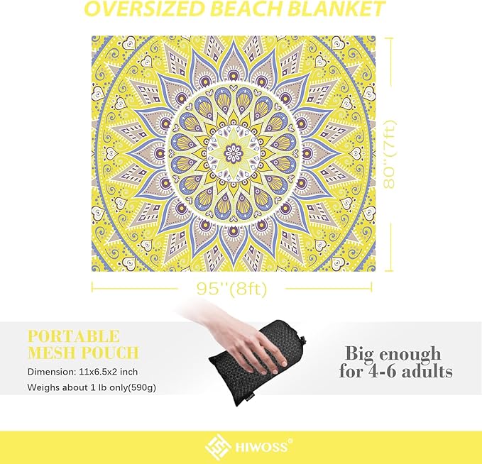 Beach Blanket Waterproof Sandproof Oversized 95”x 80”,Sand Free Beach Mat with Corner Pockets,Portable Mesh Bag for Beach Festival,Picnic,Travel and Outdoor Camping (Yellowtan)