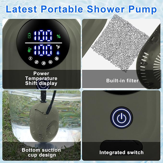 Lightweight Portable Camping Shower, 6000mAh Rechargeable Outdoor Shower Pump with 5 Pressure Modes, Filtered Shower Head, Temperature & Power Display for Hiking, Travel, Washing, Emergency
