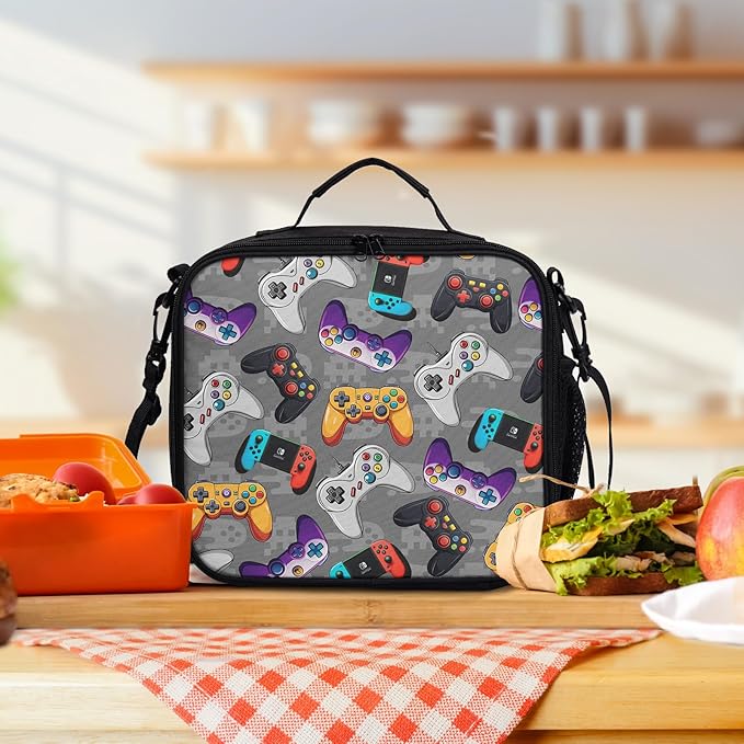 Game Colorful Lunch Bag Gray Gaming Lunch Boxes for Women/Man Office Work Travel School Work Picnic Durable Reusable Insulated Large Lunch Tote Bag with Adjustable Shoulder Strap