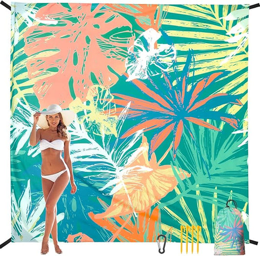 Beach Blanket, Sandproof Beach Mat, Waterproof Quick Drying Lightweight Outdoor Aztec Picnic Mat 79" X 83" for 2-4 Adults with Pocket for Travel, Camping, Hiking