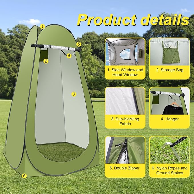Portable Camping Privacy Tent, Outdoor Shower Tent Kit with 5 Gallon Shower Bag-(Nozzle Upgraded)