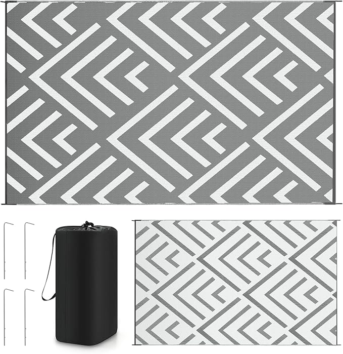 Kohree RV Outdoor Rug 9x12 Reversible, Waterproof Patio Mat with 4 Stakes & UV Fade Resistant, Non-Slip Outdoor Camping Mat for Deck, Picnic, Backyard, Includes Carry Bag (Grey & White)