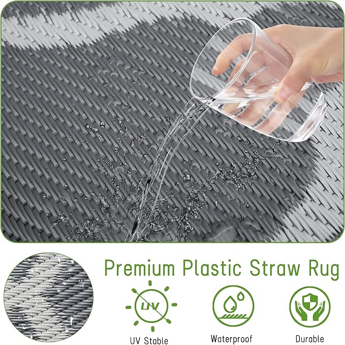 Easy-Going Reversible Outdoor Rugs 4x6ft Waterproof Plastic Straw Rug Stain & UV Resistant Floor Mat for Patio Porch RV Backyard Pool Deck Picnic Beach Trailer Camping (Moroccan Grey & Light Grey)