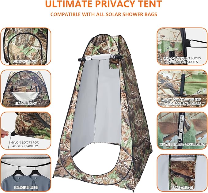 Camping Shower Tent,Pop Up Privacy Tent with Solar Shower Bag,Waterproof Pop Up Shower Tent for Portable Outdoor Toilet Shower Changing Room Sun Shelter Camping (Black/Camouflag/Green)