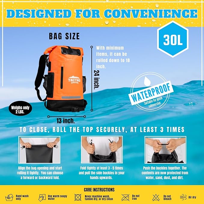 TACTIKO 30L Heavy-Duty 100% Waterproof Backpack, Roll Top Dry Bags for Kayaking, Hiking, Camping, Survival