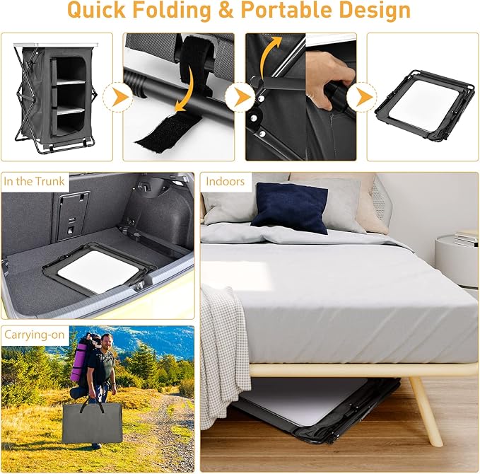 Goplus Folding Camping Storage Cabinet, Pop Up Outdoor Camping Kitchen Station with Large 3-Tier Storage Organizer, Carry Bag, Easy Set Up Portable Compact Camping Table for BBQ Picnic Backyard (35'')