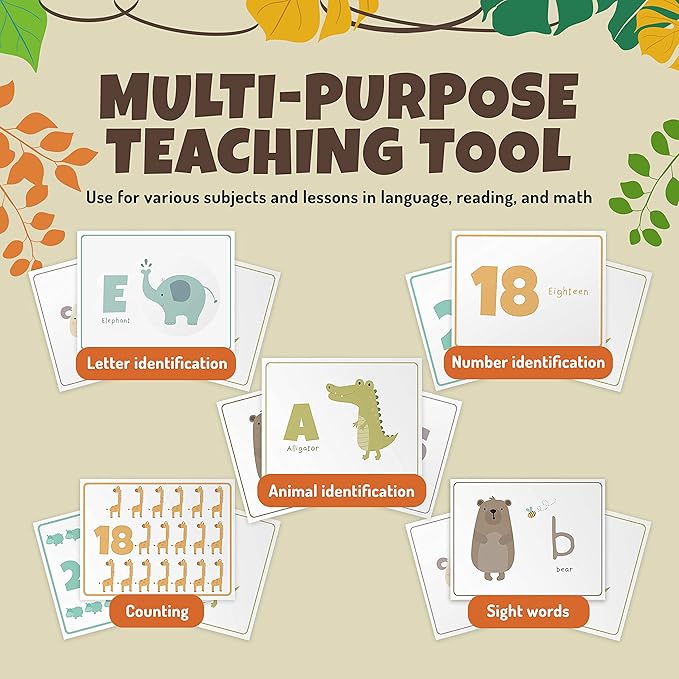 Alphabets and Numbers Animal Flash Cards for Babies, Toddlers, Pre-K, and Kindergarten – Montessori Learning Gift – Uppercase & Lowercase Letters, 123 – 46 Extra Thick Educational Cards