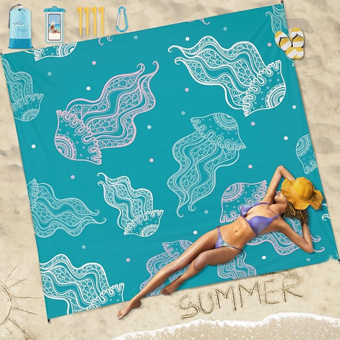 Beach Blanket Sandproof Waterproof 78''×81''1-5 Adults Oversized,Compact Lightweight Durable Beach Mat for Travel Camping Hiking Picnic Blanket