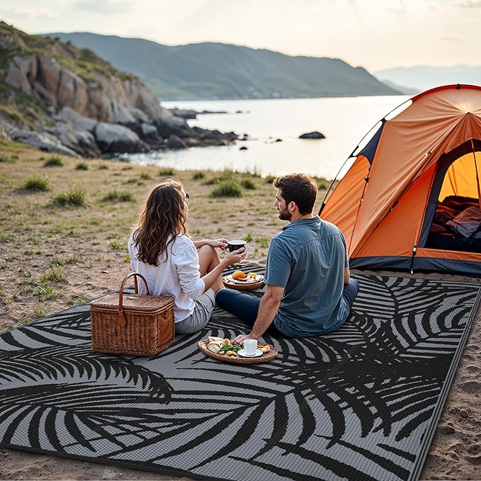 GENIMO Outdoor Rug 5' x 8' Waterproof for Patio Clearance, Reversible Plastic Straw Camping Carpet, Lightweight Mats for Rv, Backyard, Deck, Porch, Picnic, Beach, Balcony, Mix-Black & Gray