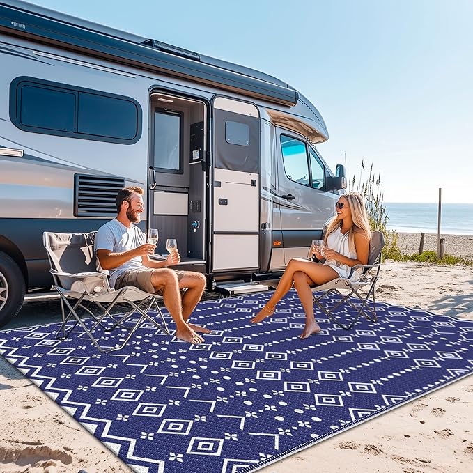 StepRite 6’ x 9’ Reversible Outdoor Rug, Waterproof Plastic Straw Rug, Patio Rug, Large Modern Area Rug Carpet, Indoor Outdoor Rugs for Camping, Porch, Deck, Balcony, Backyard, RV, Picnic(Blue)
