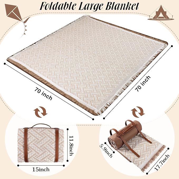 Waterproof Picnic Blankets Outdoor Blanket Foldable 2 in 1 Double Layer Sandproof Beach Mat with Carry Strap for Camping Lawn Park Beach Grass(Khaki,71 x 71 Inches)