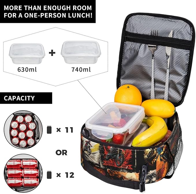 Sport Motorcycle Lunch Boxs for Men Women, Dirt-Bike Motocross Lunch Bag for Kids, Portable Reusable Insulated Lunch Bag for School Work Travel