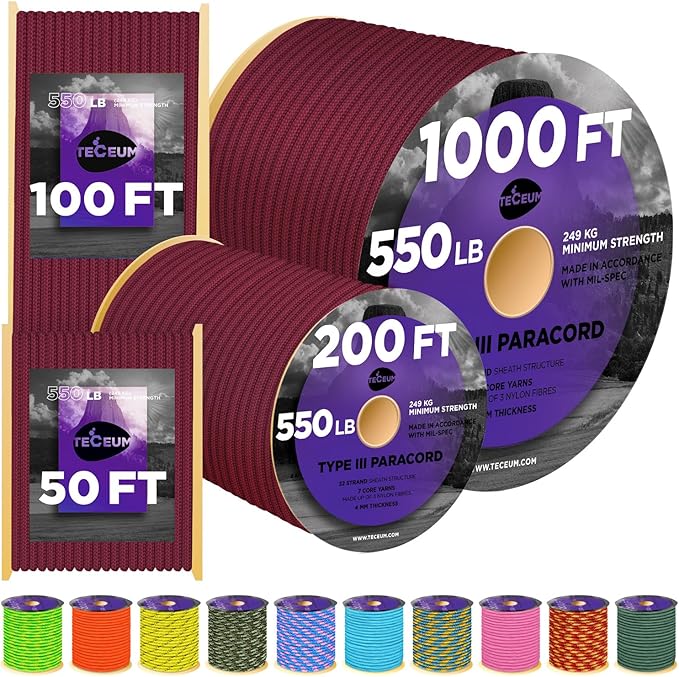 TECEUM Heavy Duty Rope 1000 – 1000ft / 200ft / 100ft / 50ft – 40+ Colors – Utility Rope for Survival & Camping Gear – Nylon String, Camping Rope, para Cord, Utility Nylon Rope, Tent Cord