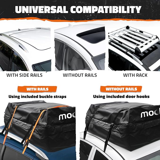 Mockins 16 Cu.Ft. Heavy Duty Car Roof Bag 45"x34"x18" | Works with or Without Roof Rack | Great for Road Trip Vacations, Camping Adventures & More | Set Includes Roof Mat, Lock, Hooks & Straps