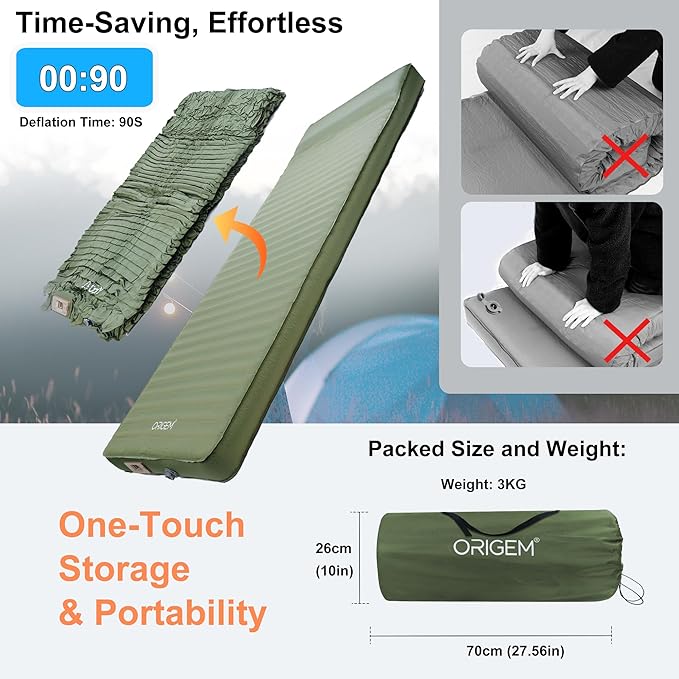 Origem Self Inflating Sleeping Pad, 4" Ultra-Thick Camping Mattress with Built-in Pump, Foam Campinging Mat for Tent, Traveling and Car, Easy to Inflate and Deflate (Green)