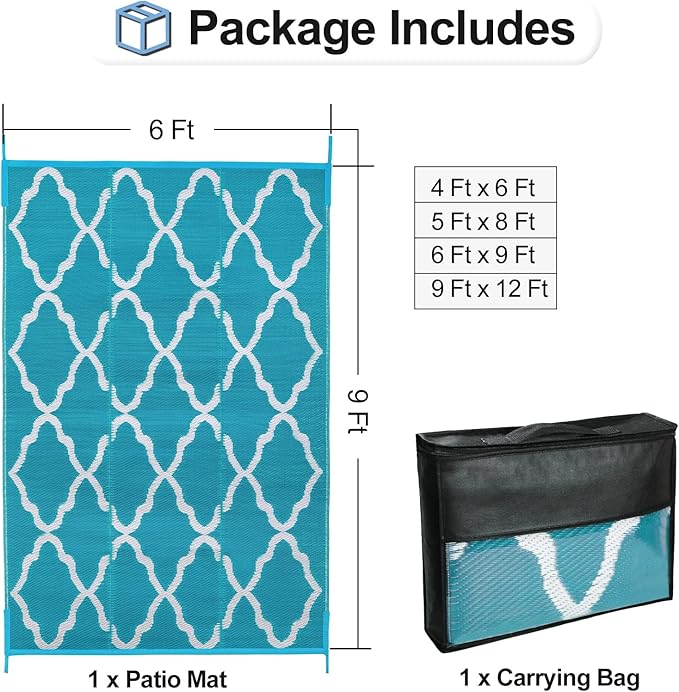OutdoorLines Outdoor Plastic Area Rugs for Patio 6x9 ft - Reversible Outside Carpet, Stain & UV Resistant RV Mats, Straw Rug for Camping, Deck Garden, Porch and Balcony, Moroccan Teal & Light Grey