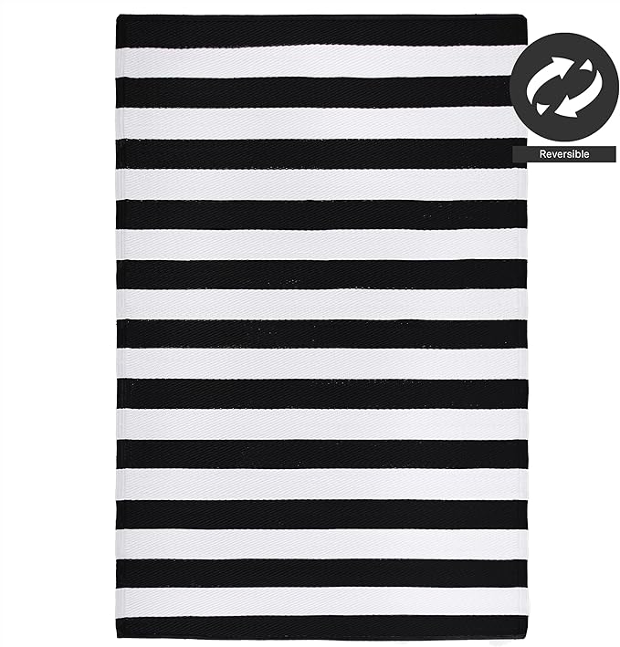 FH Home Outdoor Rug - Waterproof, Fade Resistant, Reversible - Premium Recycled Plastic - Striped - Large Patio, Deck, Sunroom, Camping, RV - Brittany Stripe - Black & White Crease Free - 6 x 9 ft