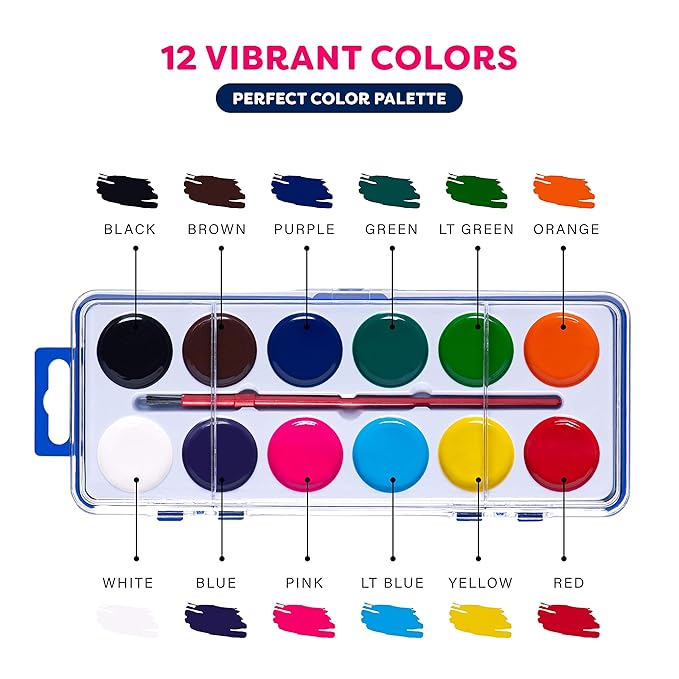 Pack of 12 Watercolor Paint Set for Kids - Washable Paint Sets with 12 Vibrant Colors - Suitable for Home, Classroom, and Art Parties - Includes Paintbrush for Creative Fun Activity on the Go