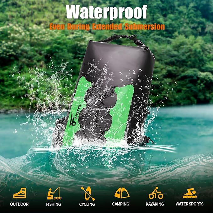 8 Fans Waterproof Backpack 50L,Floating Dry Bag with Phone Case,Roll Top Closure Waterproof Bag for Kayak Boating Sailing Canoeing Rafting Fishing Camping Green