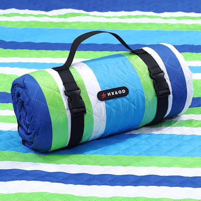 HX&OD Large Picnic Blanket Outdoor 80”x60” Waterproof Picnic Mat Foldable 3-Layer Camping Blanket Portable with Carry Strap Park Blanket for Grass(Blue)
