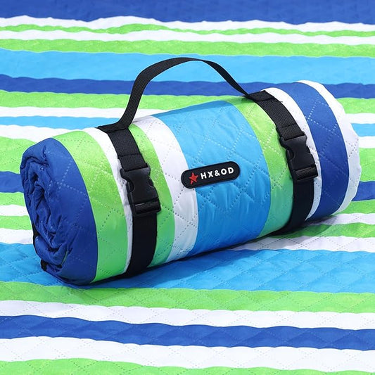 HX&OD Large Picnic Blanket Outdoor 80”x60” Waterproof Picnic Mat Foldable 3-Layer Camping Blanket Portable with Carry Strap Park Blanket for Grass(Blue)