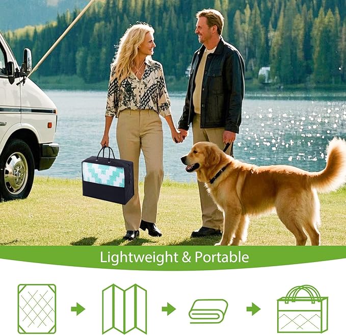 Smiry Waterproof Outdoor Rug 5x8 ft, Reversible Plastic Straw Patio Camping Rugs, Outdoor Indoor RV Mat Carpet for Patio, Outside Entry, Backyard, Deck, Bench, Picnic, Camper, White & Teal