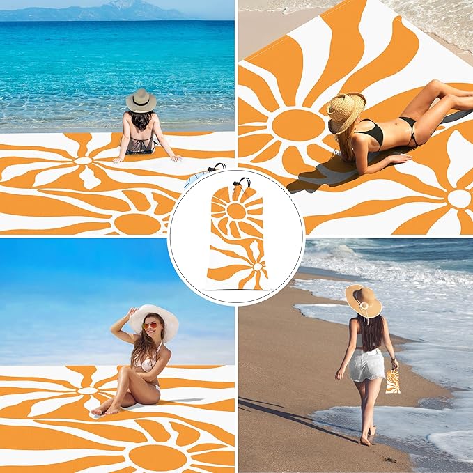 Sandproof Beach Blanket, Sand Free Waterproof Outdoor Beach Mat with 4 Stakes & Pockets, 78''×86'' Large Foldable Boho Sun Picnic Blanket with Portable Bag for Camping, Travel, Hiking