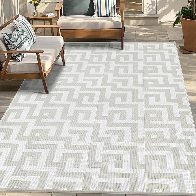 Outdoor Patio Plastic Straw Rug - 5'x8' Outdoor Camping Rug Waterproof Reversible, Area Carpet Patios Clearance RV, Outside Porch Balcony Deck for Camper, Grey & White