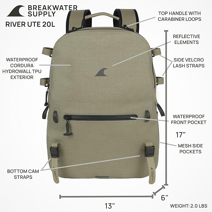 Breakwater Supply™ River Ute Waterproof IP68 Fishing Backpack, Floating TPU Submersible Dry Bag with Padded Hip Belt and Airtight Zippers | 20L (River Ute 20L CORDURA Safari Tan)