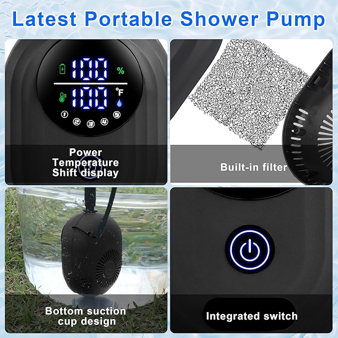 Lightweight Portable Camping Shower, 6000mAh Rechargeable Outdoor Shower Pump with 5 Pressure Modes, Filtered Shower Head, Temperature & Power Display for Hiking, Travel, Washing, Emergency