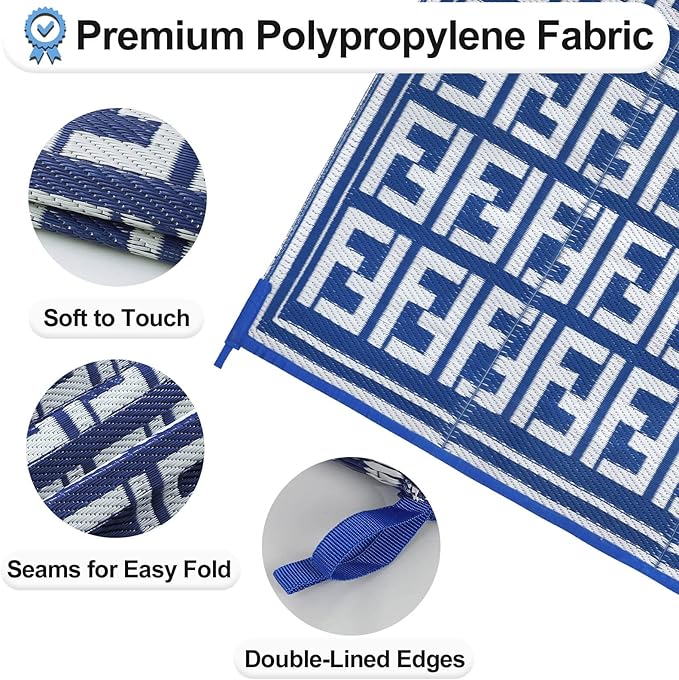 OutdoorLines Outdoor Plastic Area Rugs for Patio 5x8 ft - Reversible Outside Carpet, Stain & UV Resistant RV Mats, Straw Rug for Camping, Deck Garden, Porch and Balcony, Geometry Navy & Light Grey