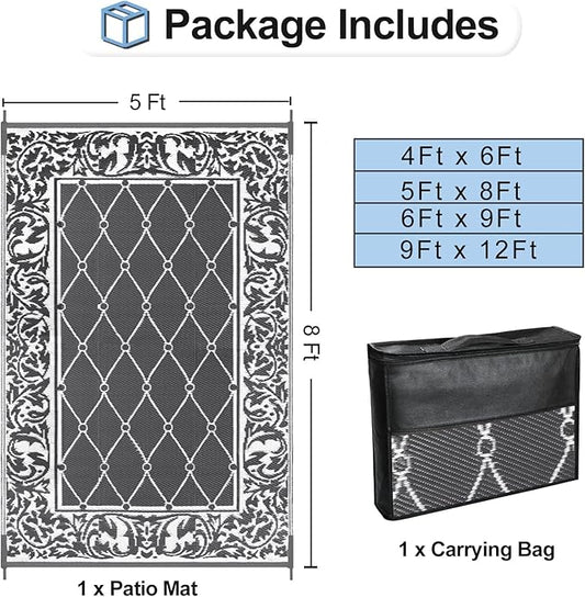 OutdoorLines Indoor Outdoor Rugs for Patio 5x8 ft - Reversible Outside Carpet, Stain & UV Resistant Portable RV Mats, Plastic Straw Rug for Camping, Pool Deck, Porch Rhombus Gray & White