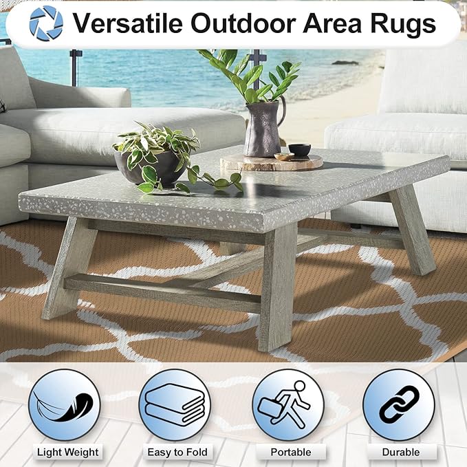 OutdoorLines Outdoor Plastic Area Rugs for Patio 6x9 ft - Reversible Outside Carpet, Stain & UV Resistant RV Mats, Straw Rug for Camping, Deck Garden, Porch and Balcony, Moroccan/Brown & Light Grey