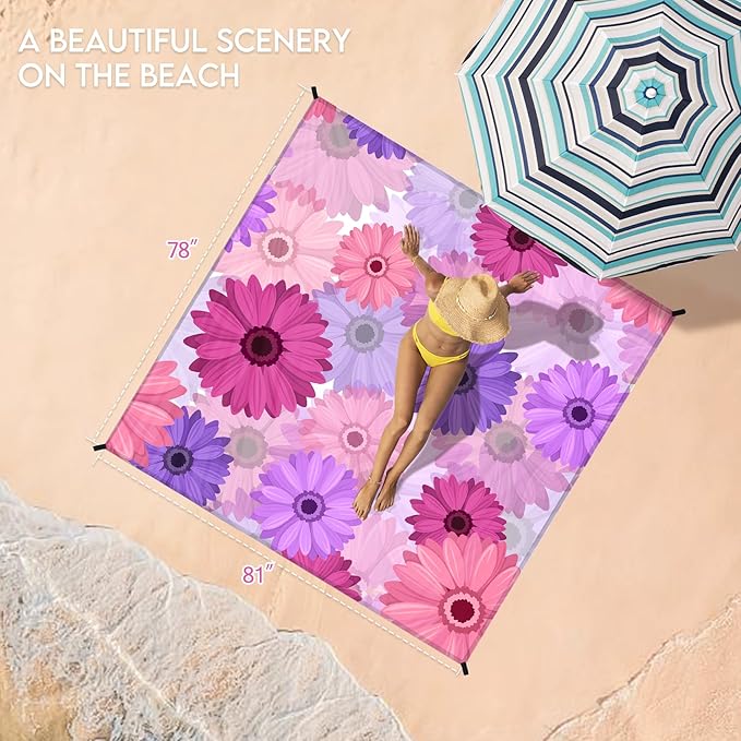 BYDOLL Beach Blanket Waterproof Sandproof 78''×81'' 1-7 Adults Oversized Lightweight Large Picnic Mat Waterproof Sandproof Blanket for Beach