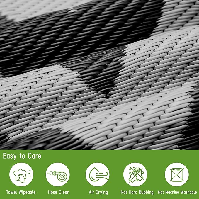 Easy-Going Reversible Outdoor Rugs 6x9ft Waterproof Plastic Straw Rug Stain & UV Resistant Floor Mat for Patio Porch RV Backyard Pool Deck Picnic Beach Trailer Camping (Waved Black & Light Grey)