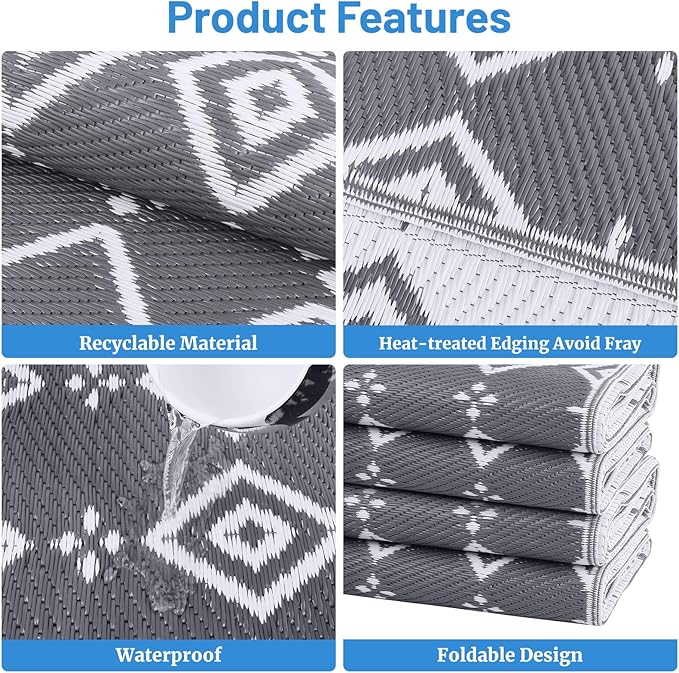 StepRite 8’ x 10’ Reversible Outdoor Rug, Waterproof Plastic Straw Rug, Patio Rug, Large Modern Area Rug Carpet, Indoor Outdoor Rugs for Camping, Porch, Deck, Balcony, Backyard, RV, Picnic(Grey)