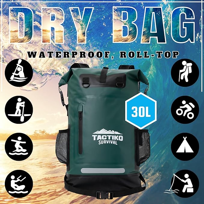 TACTIKO 30L Heavy-Duty 100% Waterproof Backpack, Roll Top Dry Bags for Kayaking, Hiking, Camping, Survival