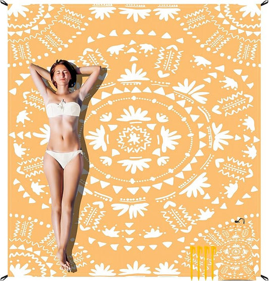 Sandproof Waterproof Beach Blanket, 78''×86'' Large Foldable Picnic Blankets for 1-4 Adults w/ 4 Stakes & 4 Pockets, Polyester Lightweight Sand Free Boho Outdoor Beach Mat for Camping, Hiking, Travel