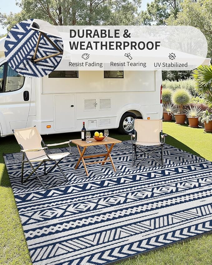 MontVoo Outdoor Rug 8x10 Waterproof Outdoor Patio Rug Mat Reverisble Plastic Straw Outdoor Rug for RV Camping Picnic Beach Balcony Boho Navy Blue