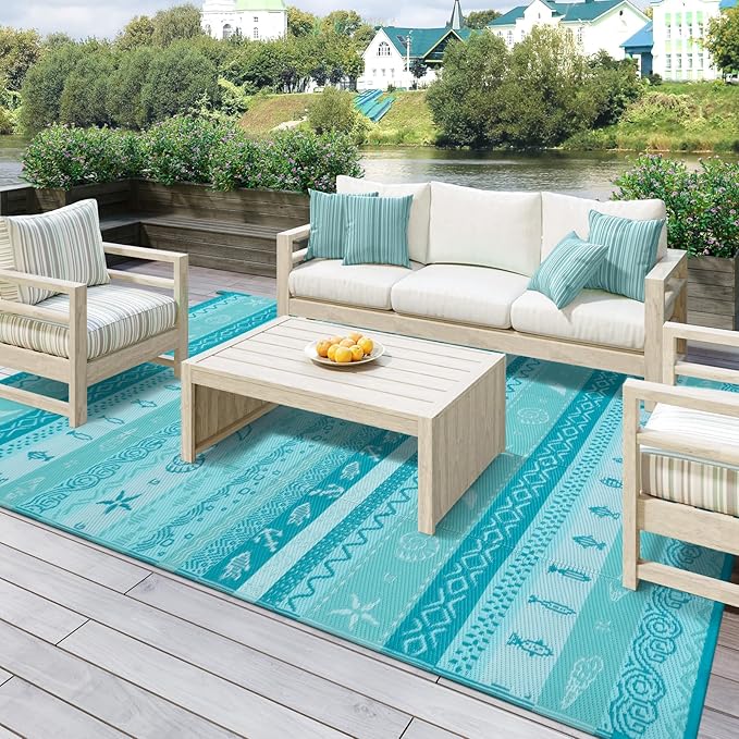 Lahome Outdoor Plastic Straw Rug, Reversible Outdoor Rug Waterproof 9x12 Rugs for Patio, RV Camping Rug Picnic Mat Outside Large Carpet for Beach Deck Backyard Balcony(Blue/Multi,9'x 12')