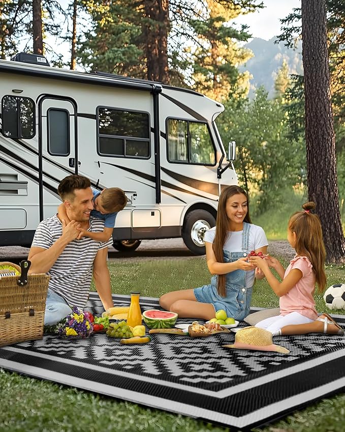 Kohree RV Outdoor Rug 9x12 Reversible, Waterproof Patio Mat with 4 Stakes & UV Fade Resistant, Non-Slip Outdoor Camping Mat for Deck, Picnic, Backyard, Includes Carry Bag (Black & Gray)