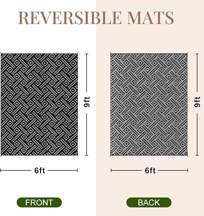 OPPODREAM Outdoor Rug 6x9 Ft, Waterproof Outdoor Plastic Straw Rug for Patio, Reversible Out Door Carpet for Camping, Deck, Rv, 6 x 9 Area Carpet for Balcony, Porch, Backyard, Black and Beige