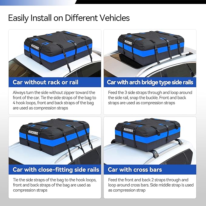 MARCHWAY Waterproof Car Roof Luggage Bag, Weatherproof Soft Shell Rooftop Cargo Carrier Bag for Vehicles with or Without Rack. 6 Door Hooks, Anti Slip Mat, Lock Included (21 Cubic Feet, Blue)